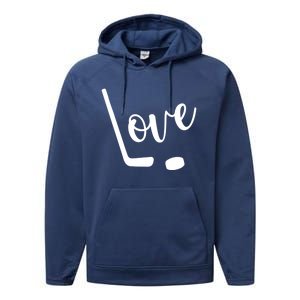 Love Cute Lettering With Hockey Stick And Puck Gift Design Gift Performance Fleece Hoodie