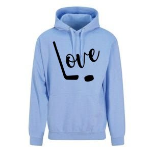 Love Cute Lettering With Hockey Stick And Puck Gift Design Gift Unisex Surf Hoodie