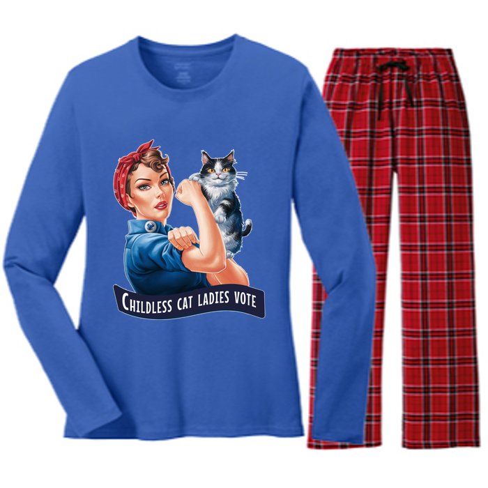 Less Cat Ladies Vote Rosie The Riveter Funny Gift Women's Long Sleeve Flannel Pajama Set 