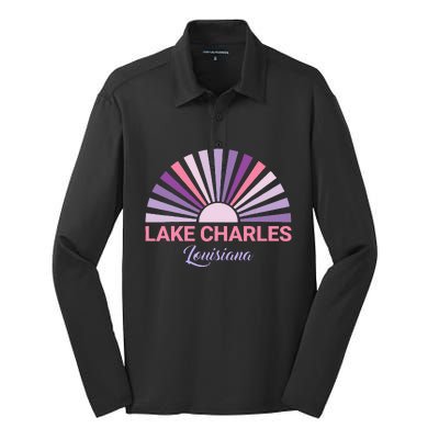 Lake Charles Louisiana Sunset Retro City State Love Silk Touch Performance Long Sleeve Polo