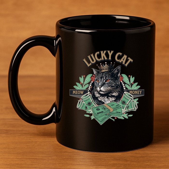 Lucky Cat Meow Money Cat Lovers Gift 11oz C Handle Ceramic Mug