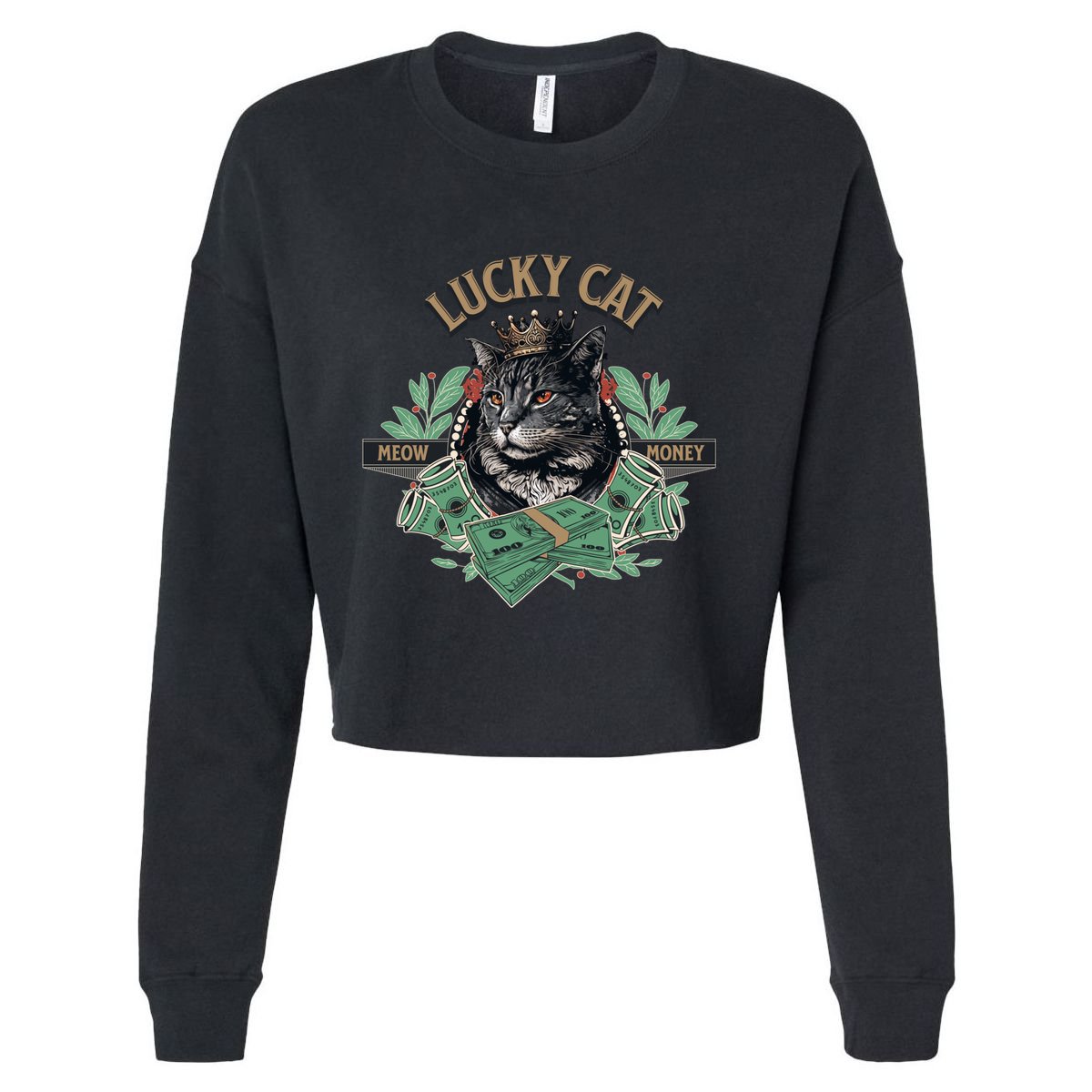 Lucky Cat Meow Money Cat Lovers Gift Cropped Pullover Crew