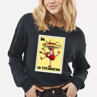 La Cucaracha Mexican Bingo Card Cockroach With Taco & Beer Cropped Pullover Crew