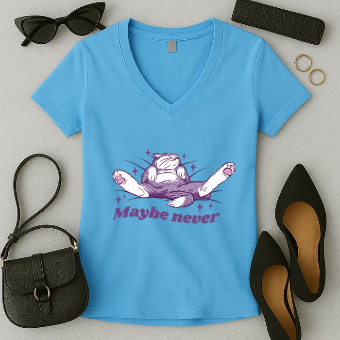 Lazy Cat Maybe Never Funny Women's V-Neck T-Shirt
