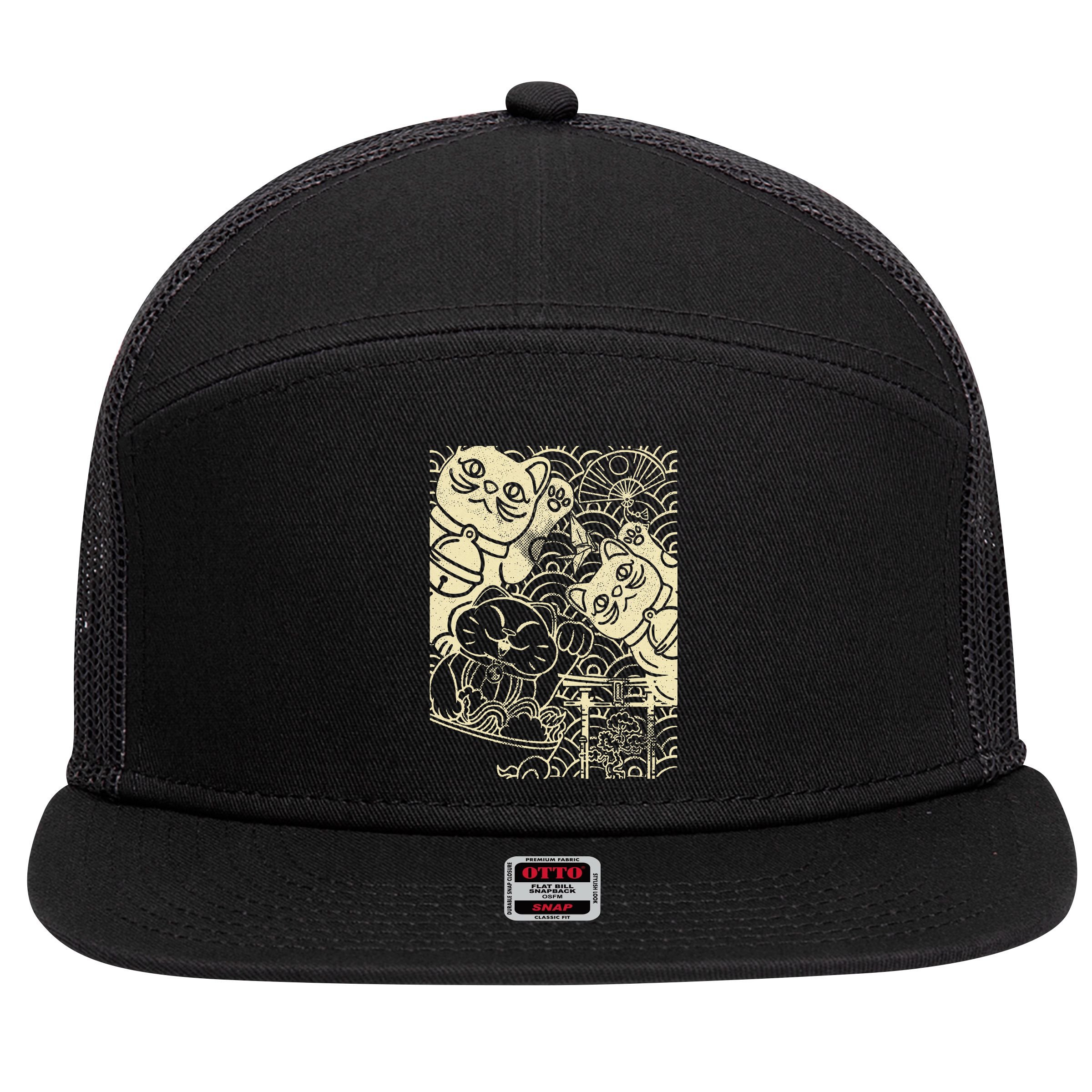 Lucky Cat Maneki Neko Japanese Good Luck Japan Life 7 Panel Mesh Trucker Snapback Hat
