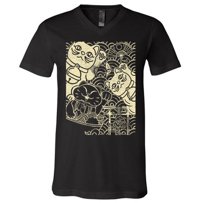 Lucky Cat Maneki Neko Japanese Good Luck Japan Life V-Neck T-Shirt