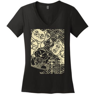 Lucky Cat Maneki Neko Japanese Good Luck Japan Life Women's V-Neck T-Shirt