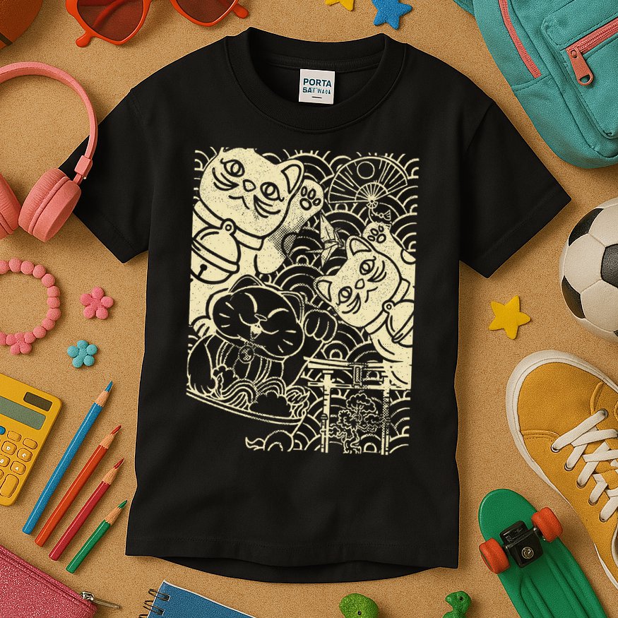 Lucky Cat Maneki Neko Japanese Good Luck Japan Life Kids T-Shirt