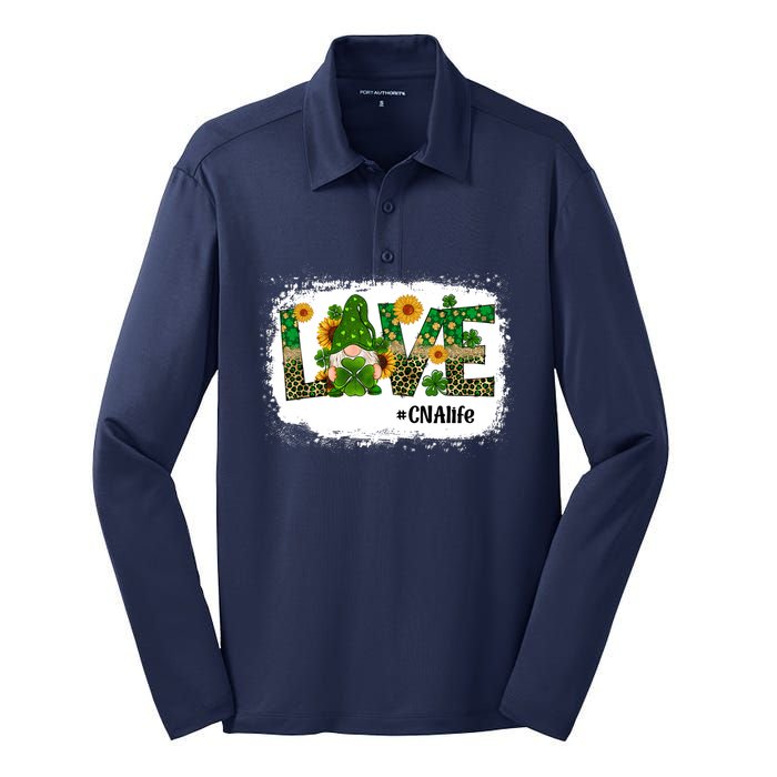 Love CNA Nurse Life Gnome Sunflower Funny St Patrick's Day Silk Touch Performance Long Sleeve Polo