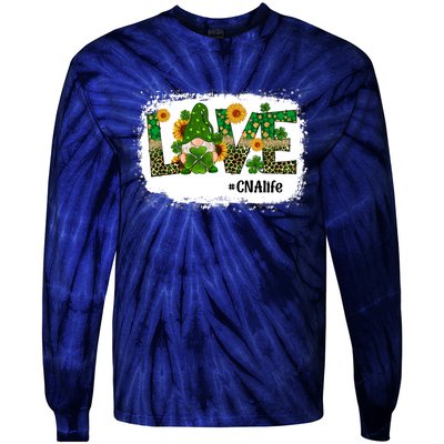 Love CNA Nurse Life Gnome Sunflower Funny St Patrick's Day Tie-Dye Long Sleeve Shirt