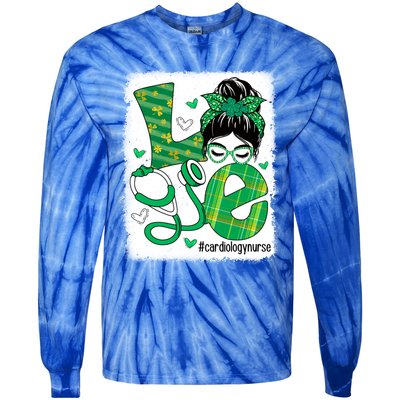 Love Cardiology Nurse Life Bleached Messy Bun Irish Nurse Gift Tie-Dye Long Sleeve Shirt