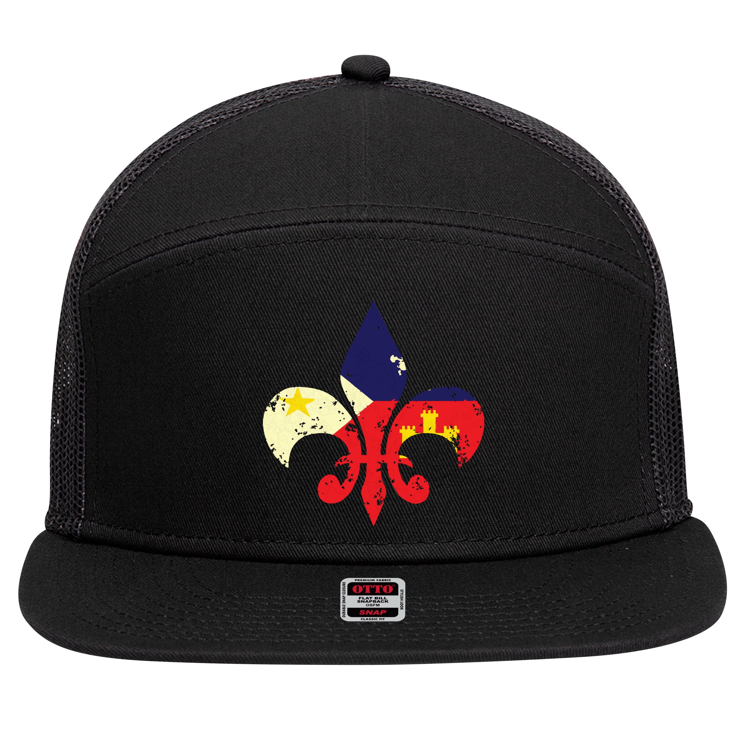 Louisiana Cajun Proud Acadiana Flag Distressed Fleur 7 Panel Mesh Trucker Snapback Hat
