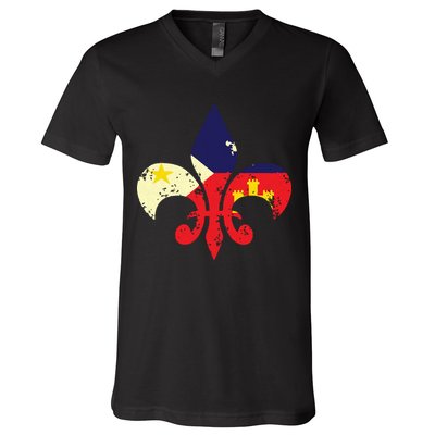 Louisiana Cajun Proud Acadiana Flag Distressed Fleur V-Neck T-Shirt