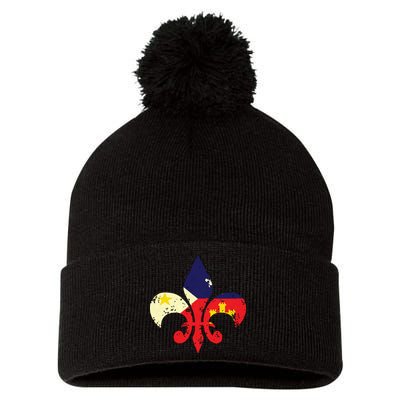 Louisiana Cajun Proud Acadiana Flag Distressed Fleur Pom Pom 12in Knit Beanie
