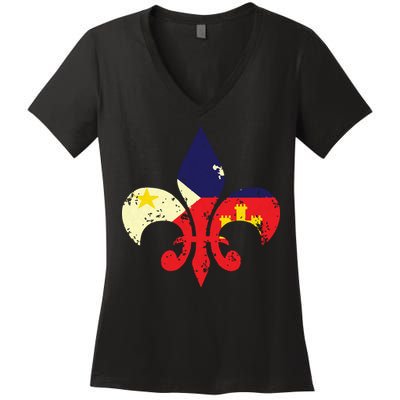 Louisiana Cajun Proud Acadiana Flag Distressed Fleur Women's V-Neck T-Shirt