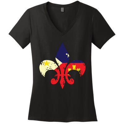 Louisiana Cajun Proud Acadiana Flag Distressed Fleur Women's V-Neck T-Shirt