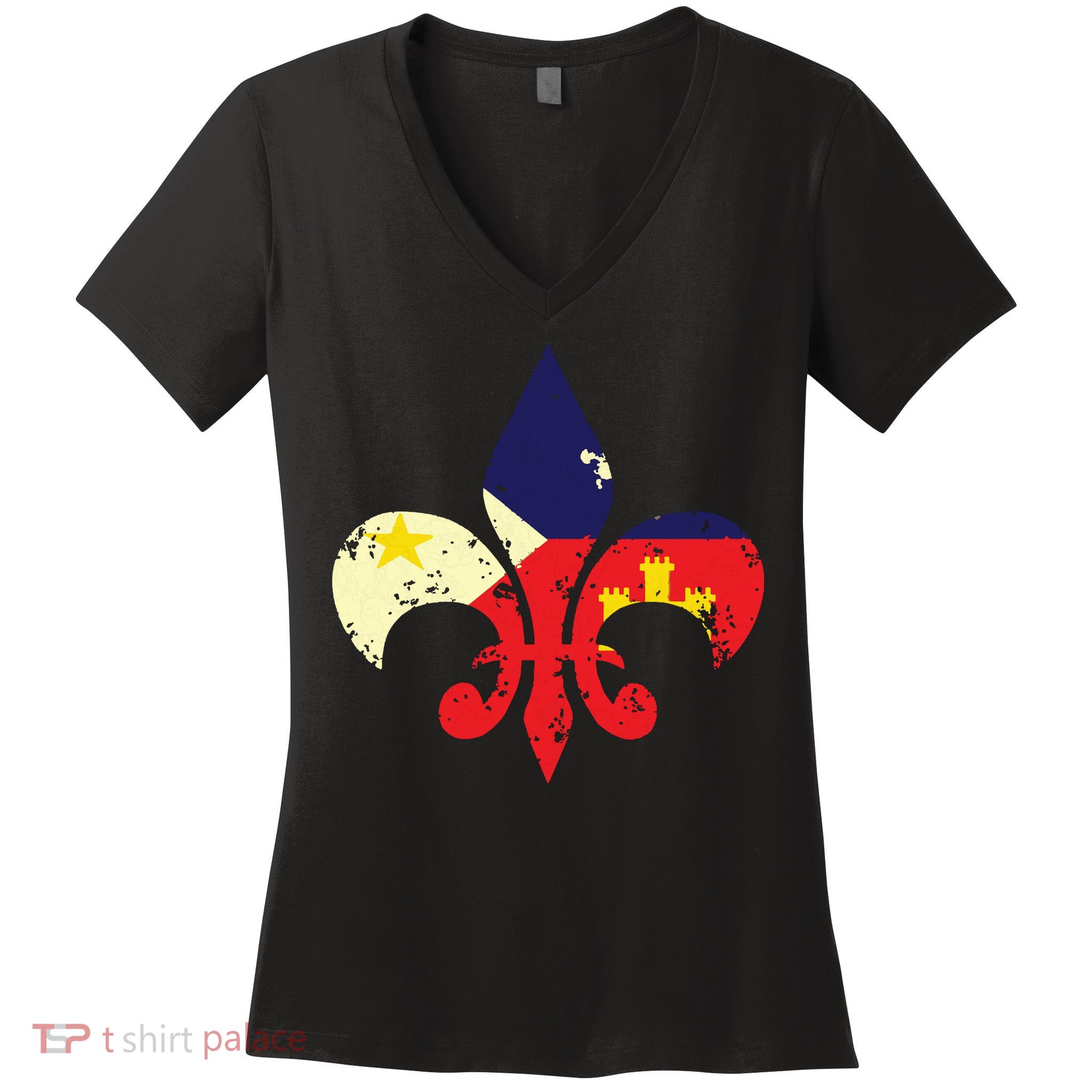 Louisiana Cajun Proud Acadiana Flag Distressed Fleur Women's V-Neck T-Shirt