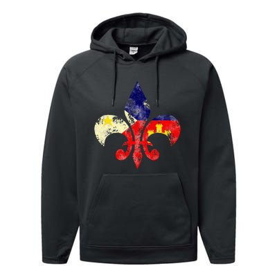 Louisiana Cajun Proud Acadiana Flag Distressed Fleur Performance Fleece Hoodie