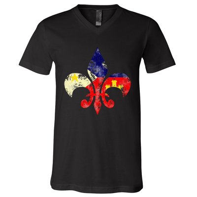 Louisiana Cajun Proud Acadiana Flag Distressed Fleur V-Neck T-Shirt