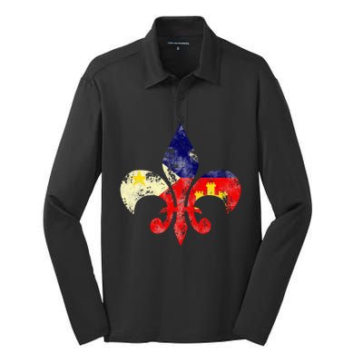 Louisiana Cajun Proud Acadiana Flag Distressed Fleur Silk Touch Performance Long Sleeve Polo