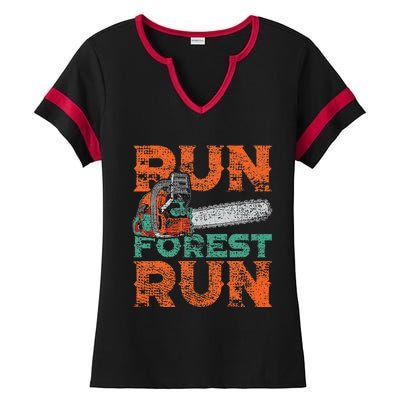 Lumberjack Chainsaw Run Forest Funny Woodworker Ladies Halftime Notch Neck Tee