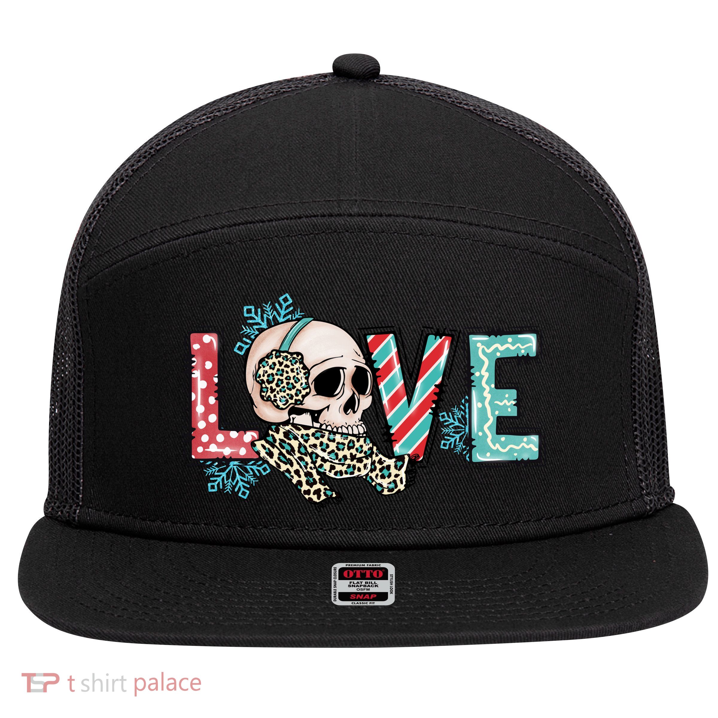 Love Christmas Skull Funny Xmas Hoilday Gift 7 Panel Mesh Trucker Snapback Hat