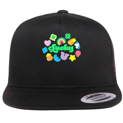 Lucky Charm Shapes Marshmallows Happy St Patricks Day Irish Flat Bill Trucker Hat