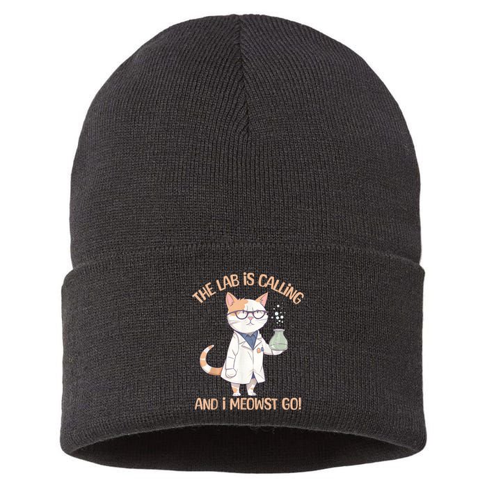 Lab Calling Science Funny Lab Cat Laboratory Chemistry Sustainable Knit Beanie