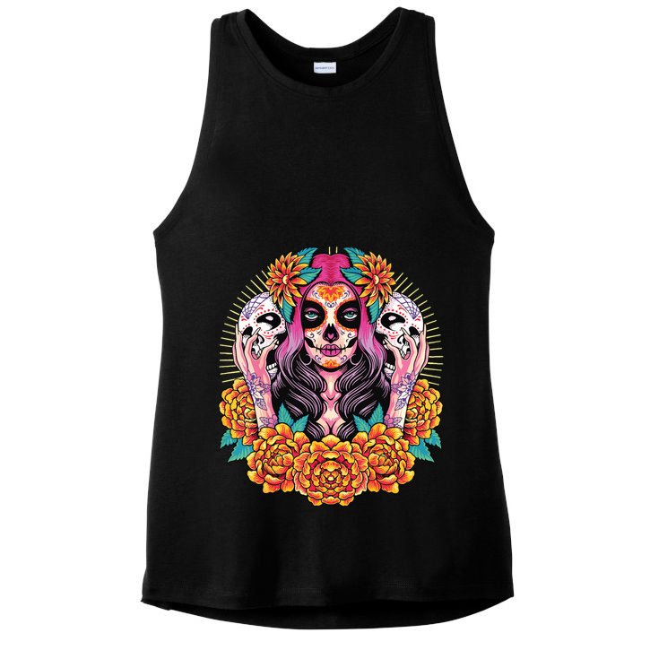 La Catrina Skull Flowers Dia De Los Muertos Ladies PosiCharge Tri-Blend Wicking Tank