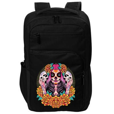 La Catrina Skull Flowers Dia De Los Muertos Impact Tech Backpack