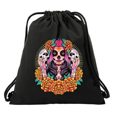 La Catrina Skull Flowers Dia De Los Muertos Drawstring Bag