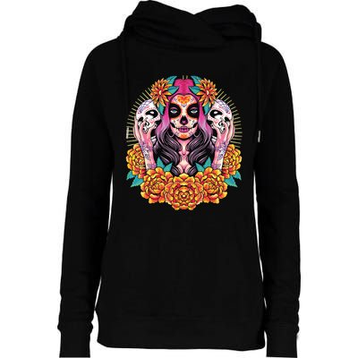 La Catrina Skull Flowers Dia De Los Muertos Womens Funnel Neck Pullover Hood