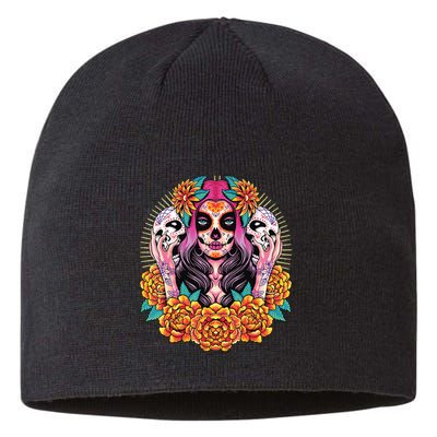 La Catrina Skull Flowers Dia De Los Muertos Sustainable Beanie