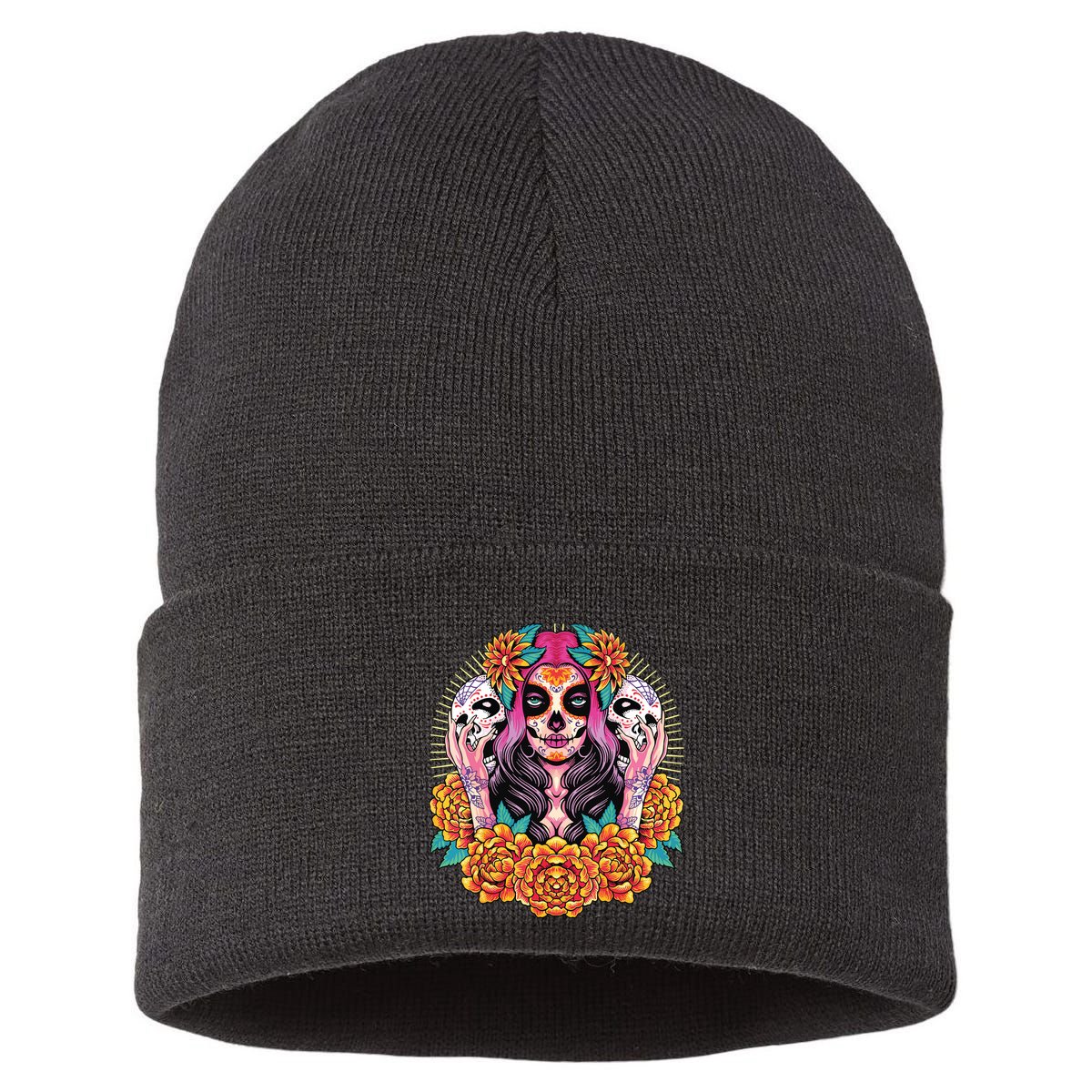 La Catrina Skull Flowers Dia De Los Muertos Sustainable Knit Beanie