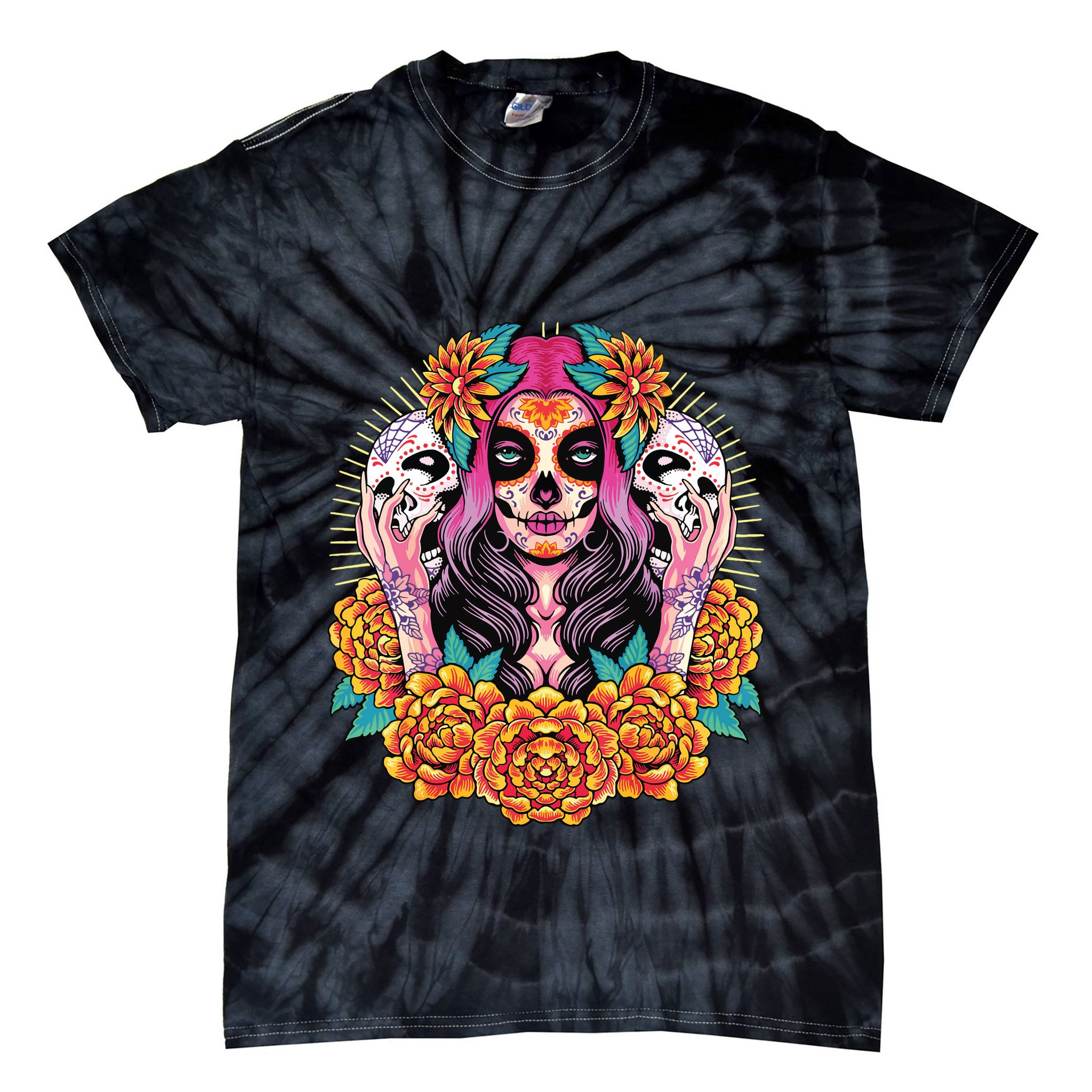 La Catrina Skull Flowers Dia De Los Muertos Tie-Dye T-Shirt