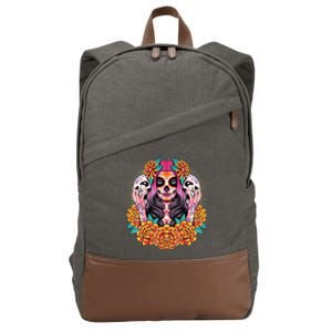 La Catrina Skull Flowers Dia De Los Muertos Cotton Canvas Backpack