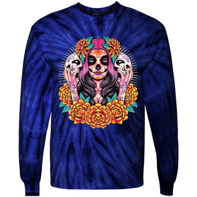 La Catrina Skull Flowers Dia De Los Muertos Tie-Dye Long Sleeve Shirt