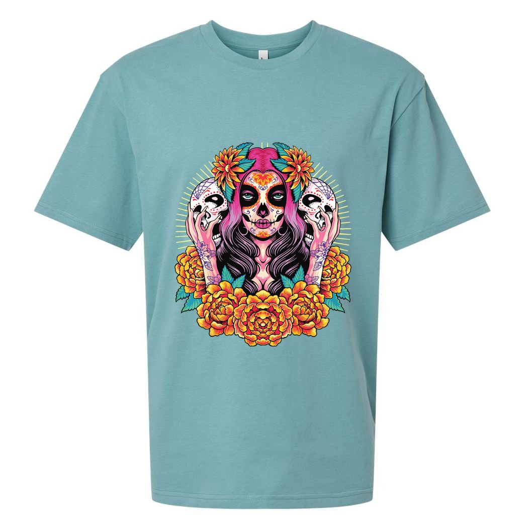 La Catrina Skull Flowers Dia De Los Muertos Sueded Cloud Jersey T-Shirt