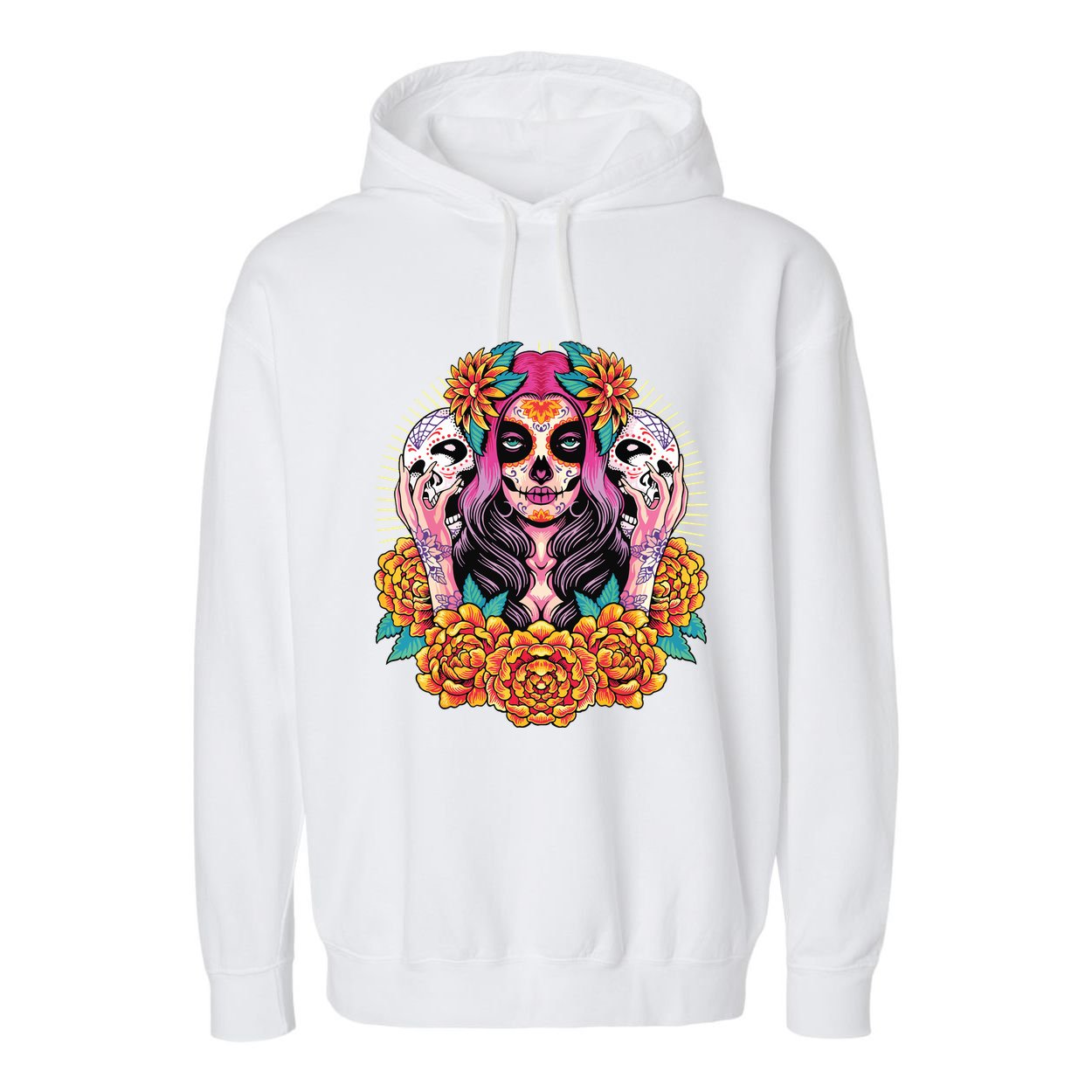 La Catrina Skull Flowers Dia De Los Muertos Garment-Dyed Fleece Hoodie