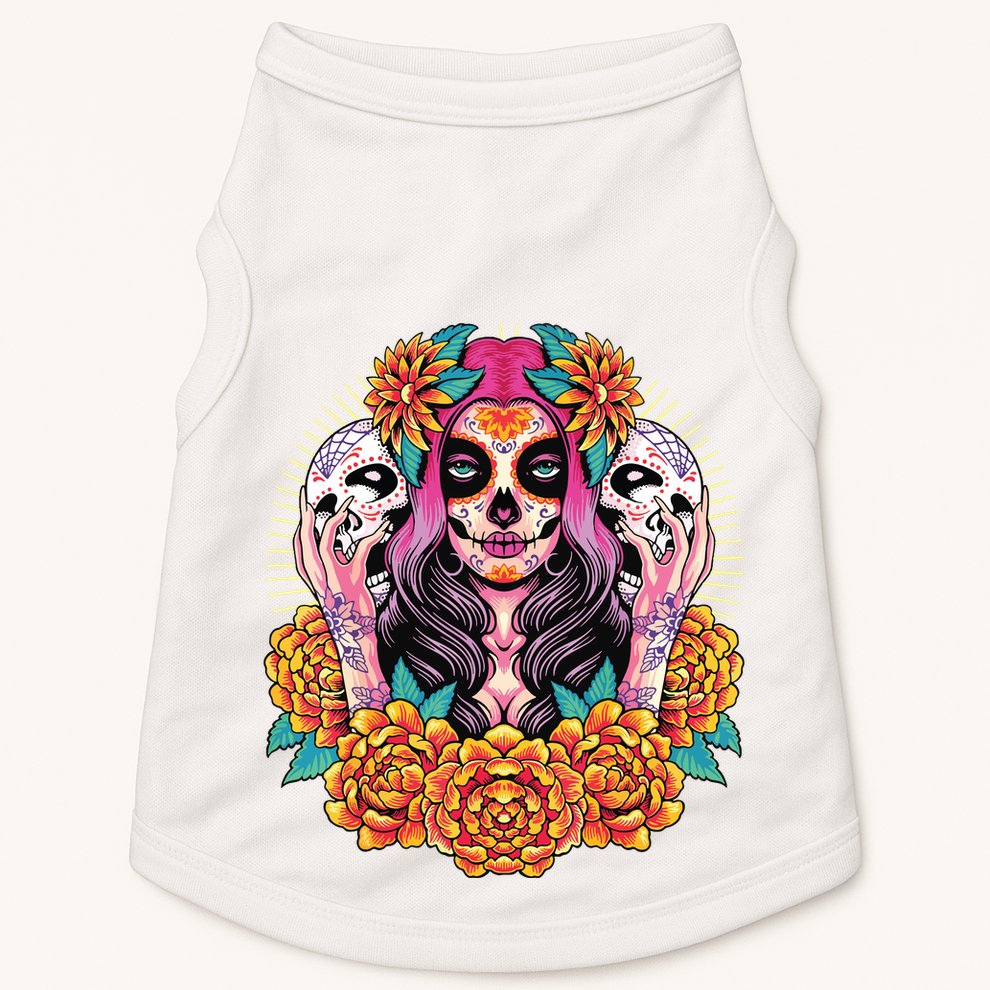 La Catrina Skull Flowers Dia De Los Muertos Doggie Tank