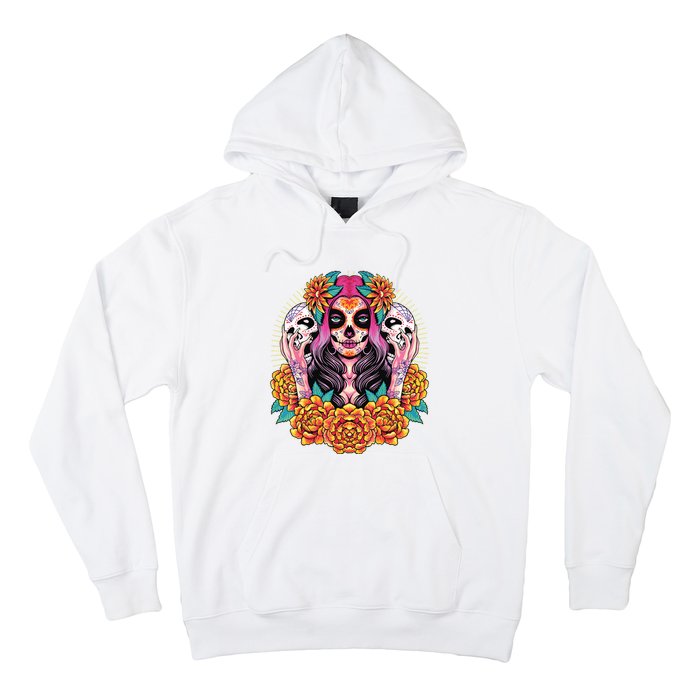 La Catrina Skull Flowers Dia De Los Muertos Hoodie