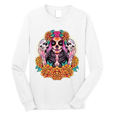 La Catrina Skull Flowers Dia De Los Muertos Long Sleeve Shirt