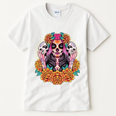La Catrina Skull Flowers Dia De Los Muertos Tall T-Shirt