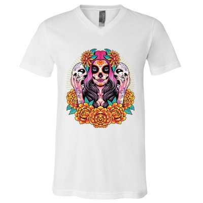 La Catrina Skull Flowers Dia De Los Muertos V-Neck T-Shirt