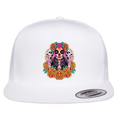 La Catrina Skull Flowers Dia De Los Muertos Flatbill Hat