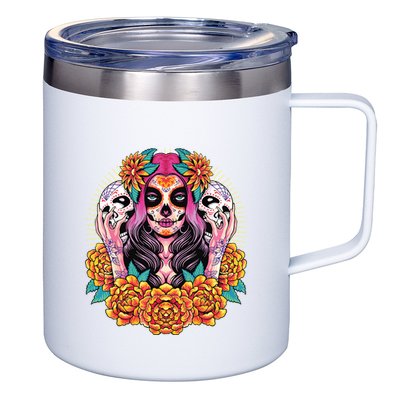 La Catrina Skull Flowers Dia De Los Muertos 12oz Stainless Steel Coffee Mug