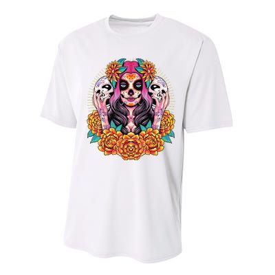 La Catrina Skull Flowers Dia De Los Muertos Performance Sprint T-Shirt