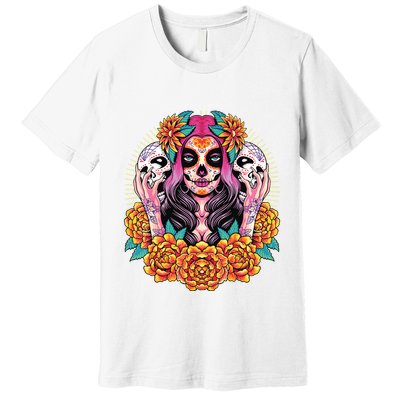 La Catrina Skull Flowers Dia De Los Muertos Premium T-Shirt