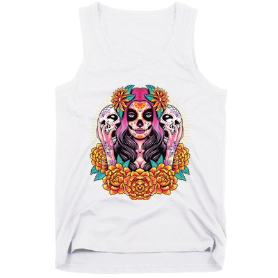 La Catrina Skull Flowers Dia De Los Muertos Tank Top