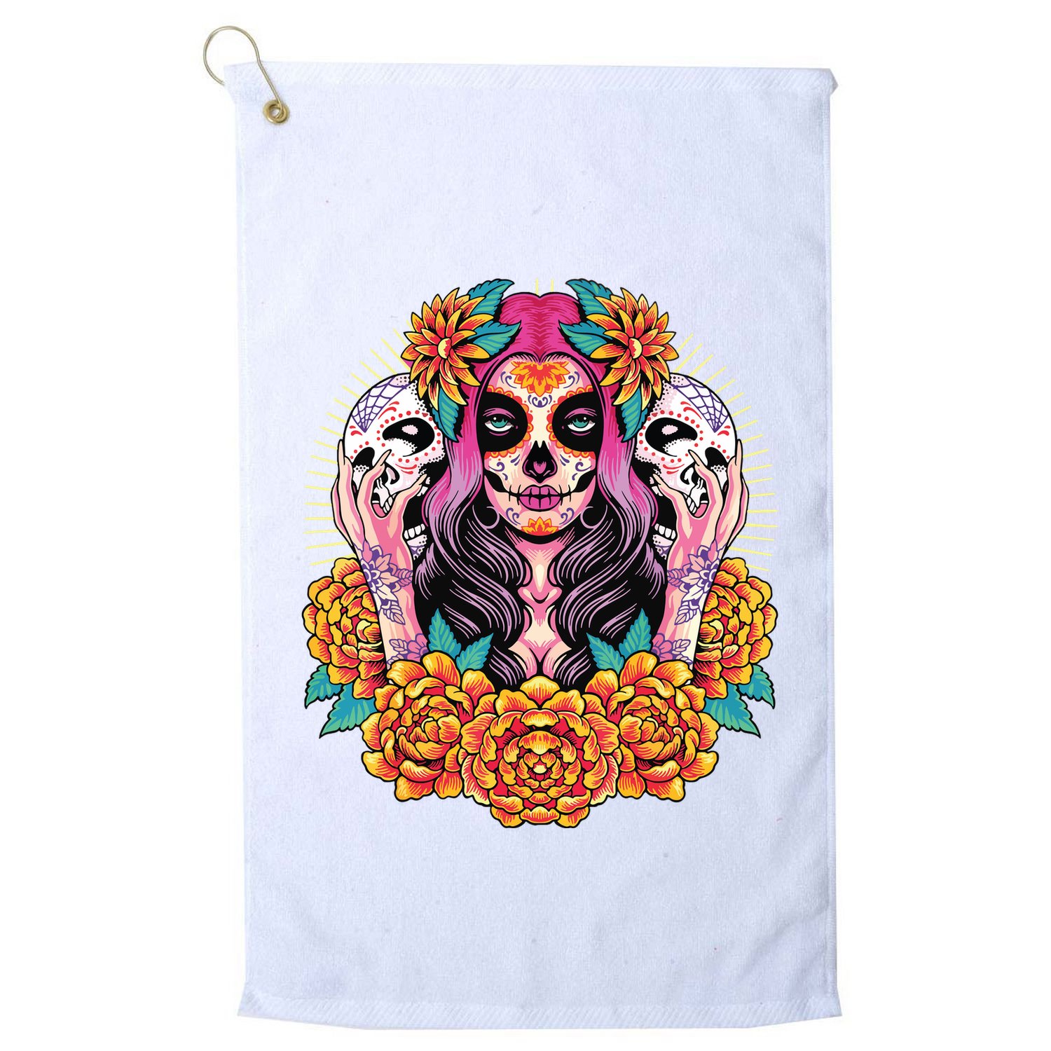 La Catrina Skull Flowers Dia De Los Muertos Golf Towel